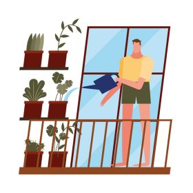 دانلود وکتور مرد با گیاهان در خانه طرح وکتور پنجره