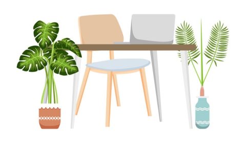 دانلود وکتور میز تحریر زیبای مدرن برای دفتر کار خانگی با میز صندلی و گیاهان خانگی
