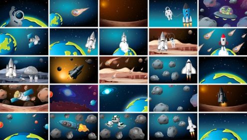 دانلود وکتور مجموعه بزرگ صحنه های مختلف فضایی با موشک و ماه