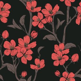 دانلود وکتور پترن بدون درز درخت شکوفه با گل با بافت گل بهاری با دست طراحی شده تصویر وکتور گیاه شناسی شاخه های شکوفه قرمز در پس زمینه سیاه