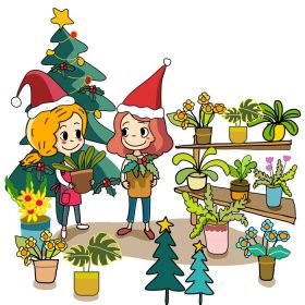 دانلود وکتور کارت سال نو دو دختر با کلاه بابا نوئل در فروشگاه گیاهان