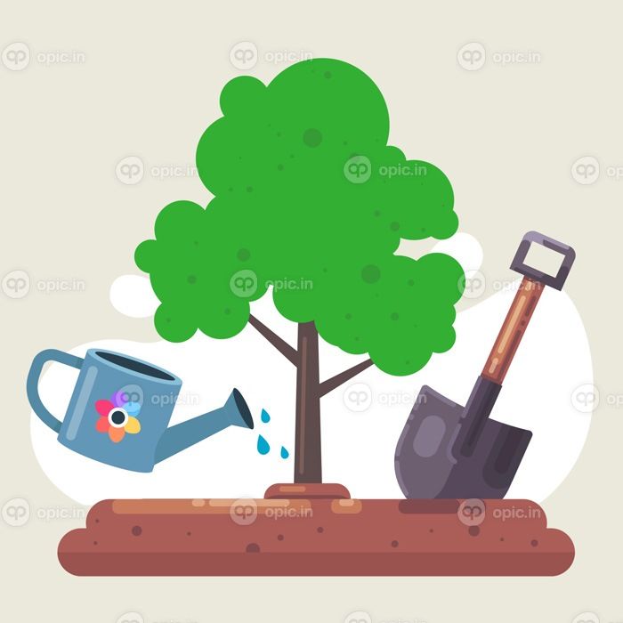 دانلود وکتور کاشت درخت در طبیعت بیل و آبپاش برای گیاهان آب باغچه تصویر برداری مسطح