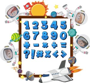 دانلود وکتور شماره به و نمادهای ریاضی روی بنر با تم بچه های زیادی در فضای بیرونی