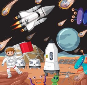 دانلود وکتور صحنه فضای بیرونی با فضانورد و بیگانه به سبک کارتونی