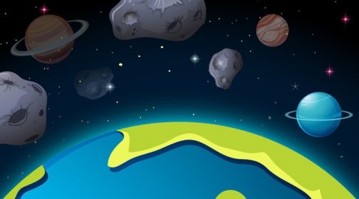 دانلود وکتور صحنه فضای بیرونی با سیارات و سیارک ها