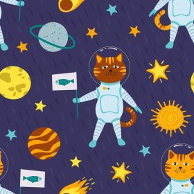 دانلود وکتور گربه شاد در فضا پترن بدون درز برای محصولات کودک