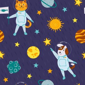 دانلود وکتور پترن بدون درز سگ و گربه شاد در فضا برای نوزاد