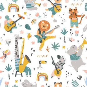 دانلود وکتور پترن کودکانه با کارتونی حیوانات جنگل و سازهای مختلف