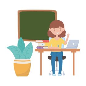 دانلود وکتور دختر مدرسه ای با میز قلم کتاب برد لپ تاپ و طرح وکتور گیاه
