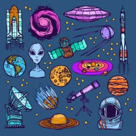 دانلود وکتور فضا و طرح نجومی آیکون های تزئینی رنگی مجموعه ای از سیارات بیگانه ماهواره ای جدا شده وکتور