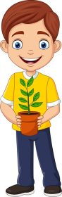 دانلود وکتور پسر خندان که یک گیاه گلدانی در دست دارد
