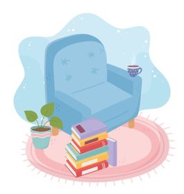 دانلود وکتور شیرینی خانه صندلی راحتی فنجان قهوه پشته کتاب گیاه گلدانی