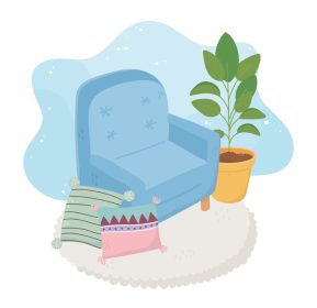 دانلود وکتور کوسن صندلی راحتی خانه شیرین فرش و گیاه گلدانی