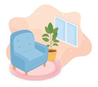 دانلود وکتور صندلی راحتی خانه شیرین گیاه گلدانی روی فرش و پنجره