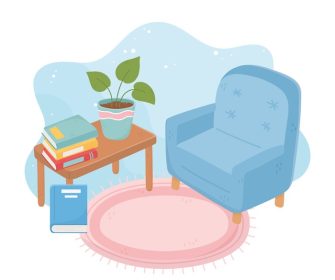 دانلود وکتور میز صندلی راحتی خانه شیرین با کتاب گیاه گلدانی و فرش