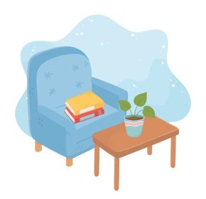 دانلود وکتور صندلی راحتی خانه شیرین با کتاب گیاه گلدانی روی میز