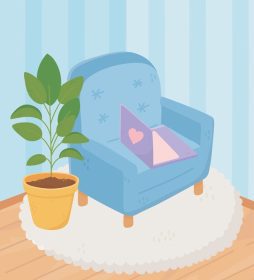دانلود وکتور صندلی راحتی خانگی با گیاه گلدانی لپ تاپ روی فرش