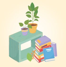 دانلود وکتور خانه شیرین پشته کتاب گیاهان گلدانی روی مبلمان چوبی