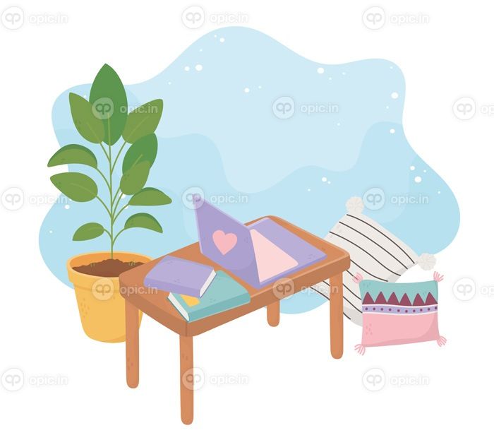 دانلود وکتور میز شیرینی خانه با کتاب لپ تاپ کوسن و گلدانی