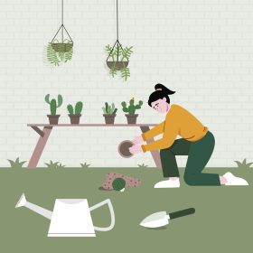 دانلود وکتور دختر در حال بریدن است بررسی گیاهان در باغ با دقت تصویر وکتور مسطح کارهای خانه داری و بنر فعالیت های انسانی