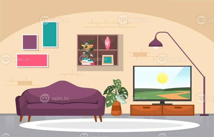 دانلود وکتور گیاه آپارتمانی گرمسیری گیاه تزئینی سبز در اتاق نشیمن