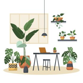 دانلود وکتور گیاه آپارتمانی گرمسیری گیاه تزئینی سبز در تصویر فضای کاری اداری