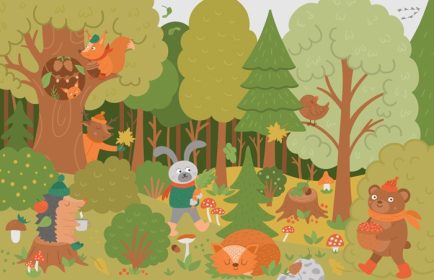 دانلود وکتور وکتور پس زمینه جنگل پاییزی با برگ های حیوانات زیبا