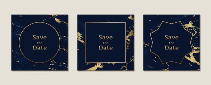 دانلود وکتور کارت دعوت عروسی با طرح سنگ مرمر آبی تیره به شکل مربع با قالب طلایی