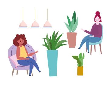دانلود وکتور زنان نشسته روی صندلی با گیاهان گلدانی وکتور تصویر مجموعه آیکون