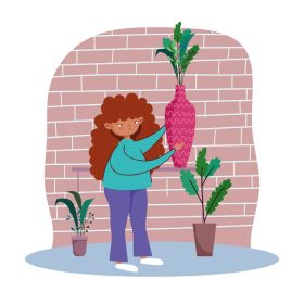 دانلود وکتور زن جوان با گیاهان گلدانی باغبانی قرنطینه در خانه بمانید