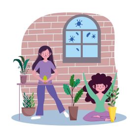 دانلود وکتور زنان جوان با گیاهان در باغ گلدان در خانه بمانید