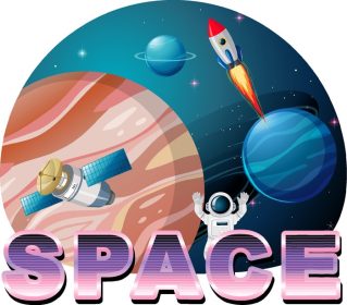 دانلود وکتور طراحی لوگو کلمه فضا با فضانورد و ماهواره