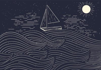 دانلود وکتور با جزئیات وکتور رایگان تصویر کشیده شده با دست از دریا با قایق طراحی شده برای برچسب پوستر کارت تبریک وب سند و سایر سطوح تزئینی