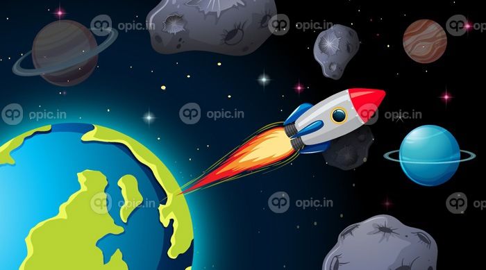 دانلود وکتور سفینه فضایی در صحنه فضایی با سیارات و سیارک ها
