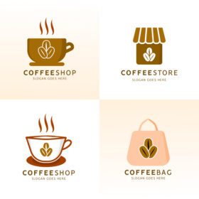 دانلود مجموعه لوگو از طرح های لوگو کافی شاپ قهوه ای و قهوه ای مایل به قهوه ای و طرح های لوگو کیسه ای قهوه ای روی سفید