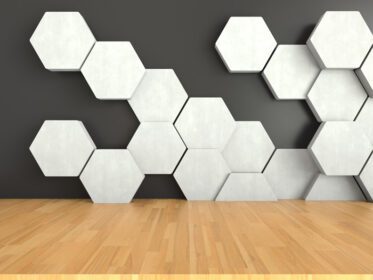 دانلود تصویر انتزاعی آینده نگر کف چوبی و پس زمینه شش ضلعی رندر سه بعدی