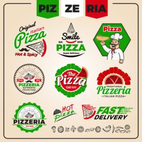 دانلود مجموعه لوگو قالب پیتزا فروشی طراحی لیبل پیتزا و قاب تصویر برداری