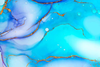 دانلود تصویر انتزاعی رنگ آبی روشن با جوهر سیال دریا نقاشی طلایی درخشان