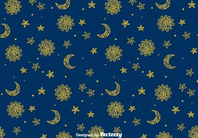دانلود تصویر برداری از ترکیب پترن بدون درز زیور آلات کولی ماه و ستاره در پس زمینه آبی تیره