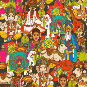 دانلود وکتور نقاب حیوانات مقدس فرهنگی هندی لباس های سنتی و آلات موسیقی طرح کاغذ بسته بندی بدون درز تصویر برداری انتزاعی