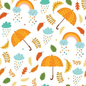 دانلود وکتور پترن پاییزی بدون درز با ابرهای چتر با باران و رنگین کمان