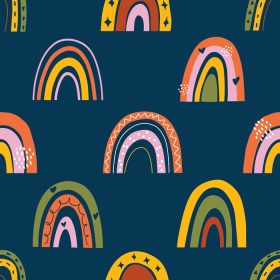 دانلود وکتور پترن کودکانه بدون درز با رنگین کمان های مد روز، بافت خلاق کودکان اسکاندیناوی برای بسته بندی پارچه، تصویر وکتور پوشاک کاغذ دیواری نساجی