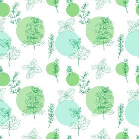 دانلود وکتور پترن سبز و آبی بدون درز با طرح‌های گیاهی و برگ‌های گیاهی در پس‌زمینه سفید