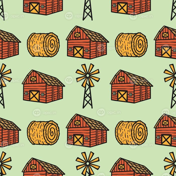 دانلود وکتور پترن بدون درز خانه مزرعه رول یونجه و آسیاب بادی