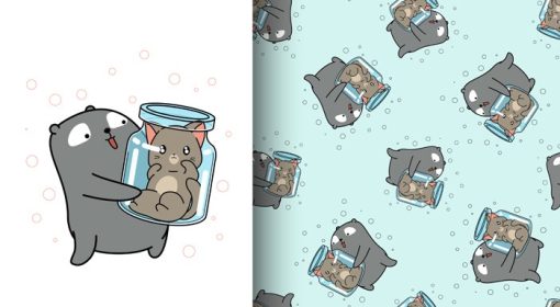 دانلود وکتور پترن بدون درز خرس دوست داشتنی در حال بلند کردن گربه در داخل بطری است