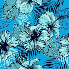 دانلود وکتور پترن بدون درز گل های هیبیسکوس برگ های استوایی روی پس زمینه آبی پترن پارچه ای روشن در تابستان طراحی شده برای کاغذ دیواری به سبک وینتیج تصویر طرح گل بنفش طراحی شده با دست