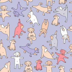 دانلود وکتور پترن بدون درز حیوانات خانگی یوگا توله سگ های رنگارنگ زیبا برای ژیمناستیک ورزشی می روند و در یک تصویر برداری آسانا روی پس زمینه بنفش ایستاده یوگا برای طراحی بسته بندی کاغذ دیواری منسوجات