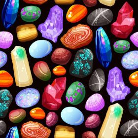 دانلود وکتور پترن بدون درز با کریستال های براق سنگ ها و سنگ ها در اندازه ها و رنگ های مختلف در پس زمینه مشکی تصویر وکتور کارتونی