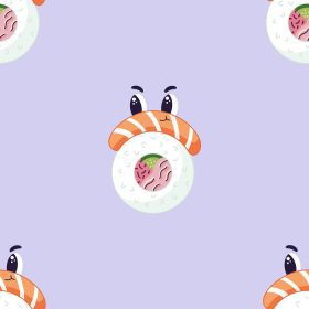 دانلود وکتور پترن بدون درز با رول سوشی کارتون غذای ژاپنی ماکی