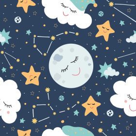 دانلود وکتور پترن بدون درز با ابرهای ماه و ستاره ها در تاریکی